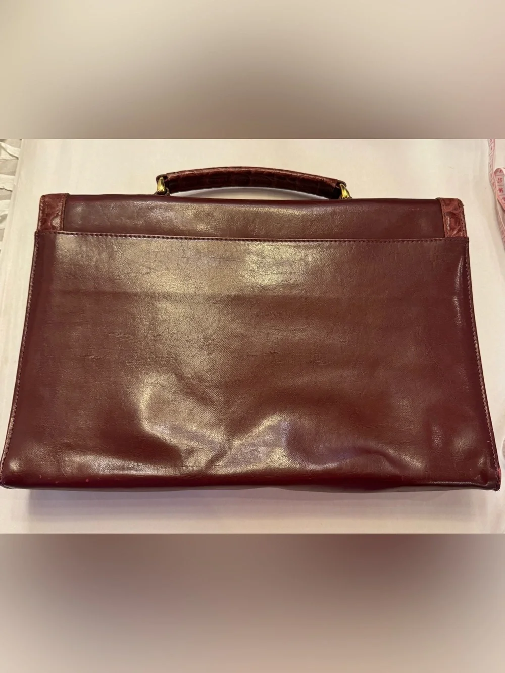 Vintage Belle Rose Burgundy Leather Briefcase Satchel Bag Croc Embossed Trim 80s